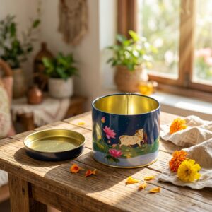 Pichwai-inspired decorative storage tin with cow and lotus artwork