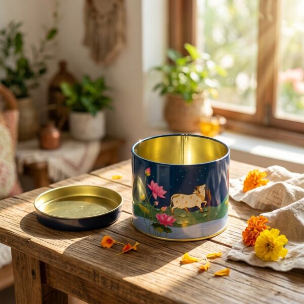 Pichwai-inspired decorative storage tin with cow and lotus artwork