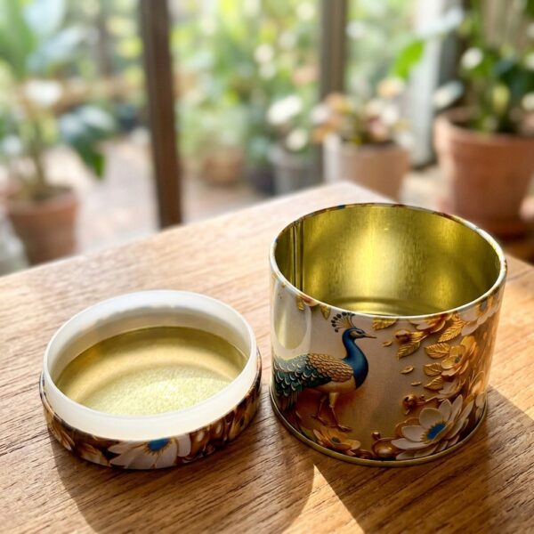 Peacock print decorative storage tin