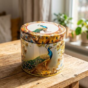 Peacock print decorative storage tin