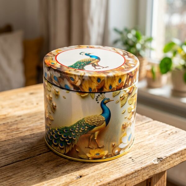 Peacock print decorative storage tin