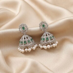 silver-tone cage jhumka earrings with AD-style floral top and pearl-style drops