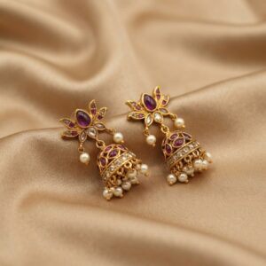 gold-tone lotus mini jhumka earrings with pink and green stone-style petals and pearl-style drops