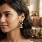 gold-tone lotus mini jhumka earrings with pink and green stone-style petals and pearl-style drops