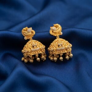 Pair of ornate gold-tone filigree jhumka earrings with sparkling accents and bead drops