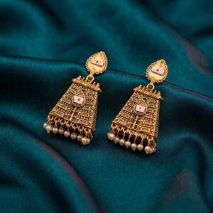 Antique gold-tone gopuram jhumka earrings with pearl-style drops