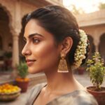 Antique gold-tone gopuram jhumka earrings with pearl-style drops