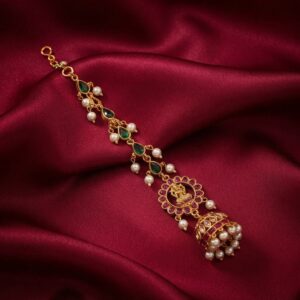 gold-tone maang tikka with jhumka drop, pearl-style beads and stone-style teardrops