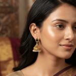 gold-tone filigree jhumka earrings with pearl-style fringe and teardrop stone-style