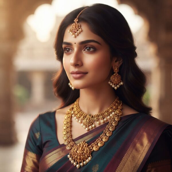 Antique gold-tone double layer necklace set with two necklaces, ornate pendants, faux pearl drops and matching drop earrings
