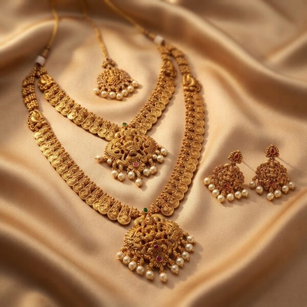 Antique gold-tone double layer necklace set with two necklaces, ornate pendants, faux pearl drops and matching drop earrings on champagne fabric