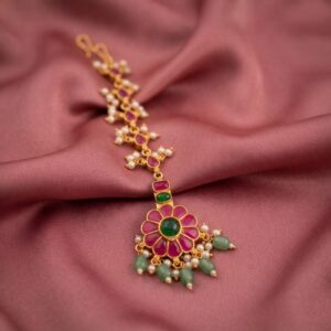 Pink and green gold-tone maang tikka