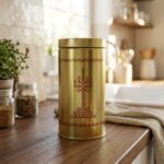 Tall gold storage tin with lid and red kolam-style design