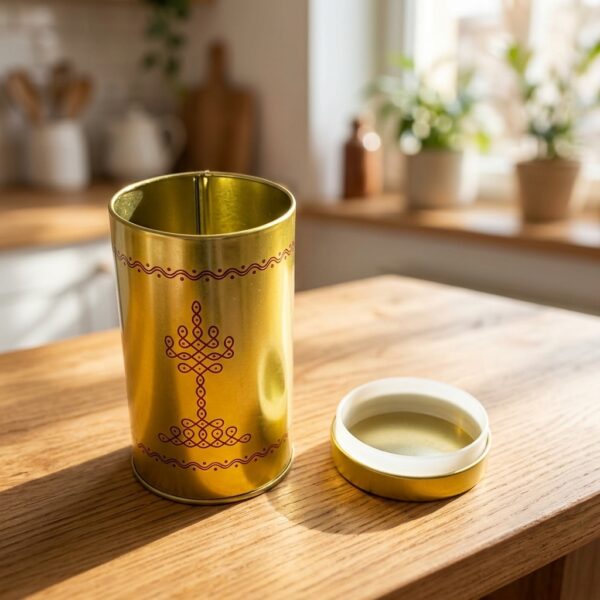 Tall gold storage tin with lid and red kolam-style design