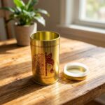 Tall gold storage tin with lid and Krishna flute and mandala design