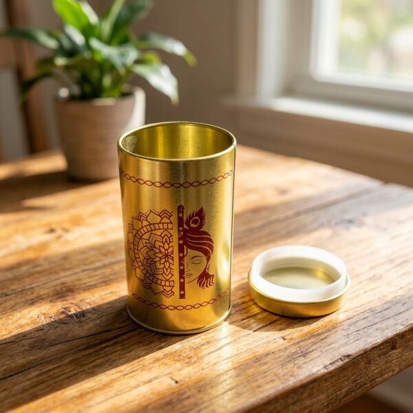Tall gold storage tin with lid and Krishna flute and mandala design