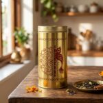 TTall gold storage tin with lid and Krishna flute and mandala design